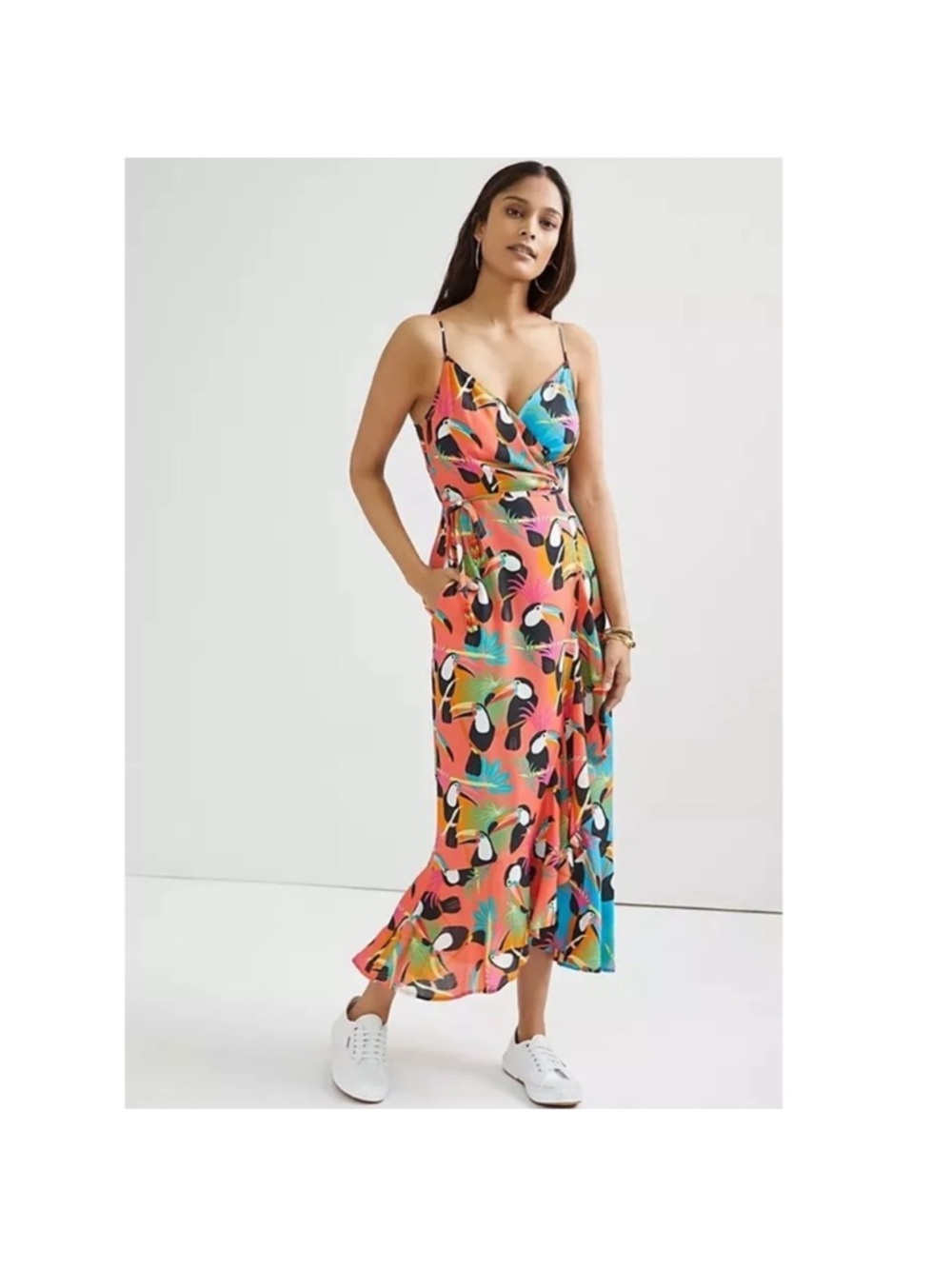 Farm Rio Multi-Color Tropical Print Wrap Midi Dress